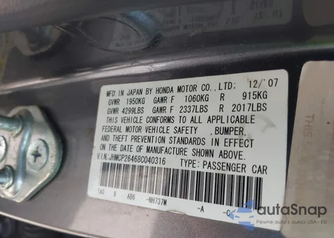 2008 Honda Accord 2.4 Lx-P from USA, damaged, VIN JHMCP26468C040316